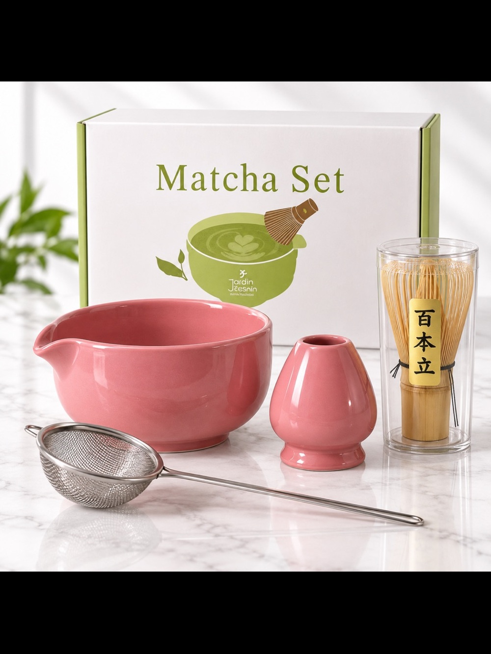 Pink Matcha Tea Set w/ Bamboo Whisk Bowl Sifter & Whisk Holder – Gift Set